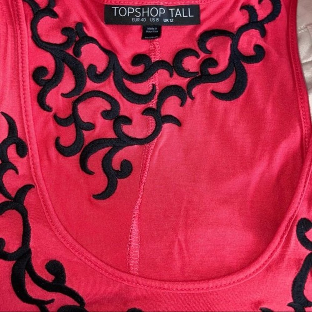 Topshop Bright Red Sleeveless Mini Dress with Black Appliqué - Picture 4 of 5